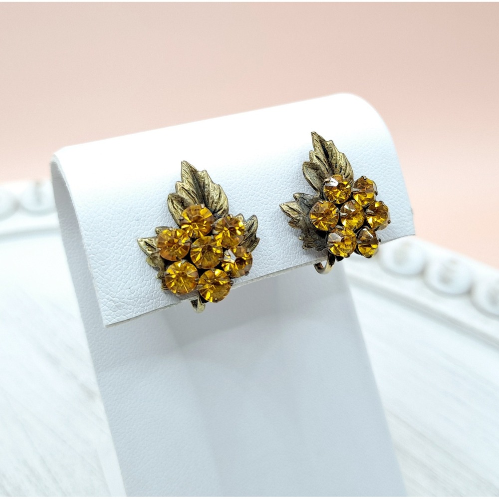 Vintage Art Deco Floral Dress Clip and Screwback Earrings Set Orange Rhinestones - Picture 5 of 8